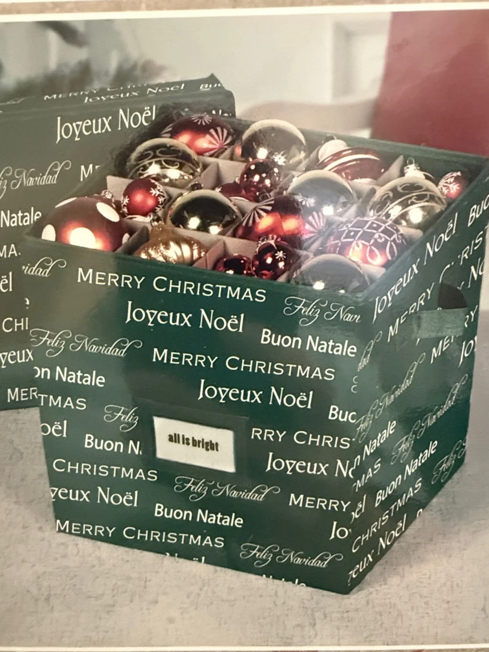 Holiday Ornament Storage Box Merry Christmas- Green